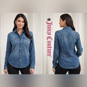 Y2K Juicy Couture Western Blue Denim Button Down Shirt M EUC